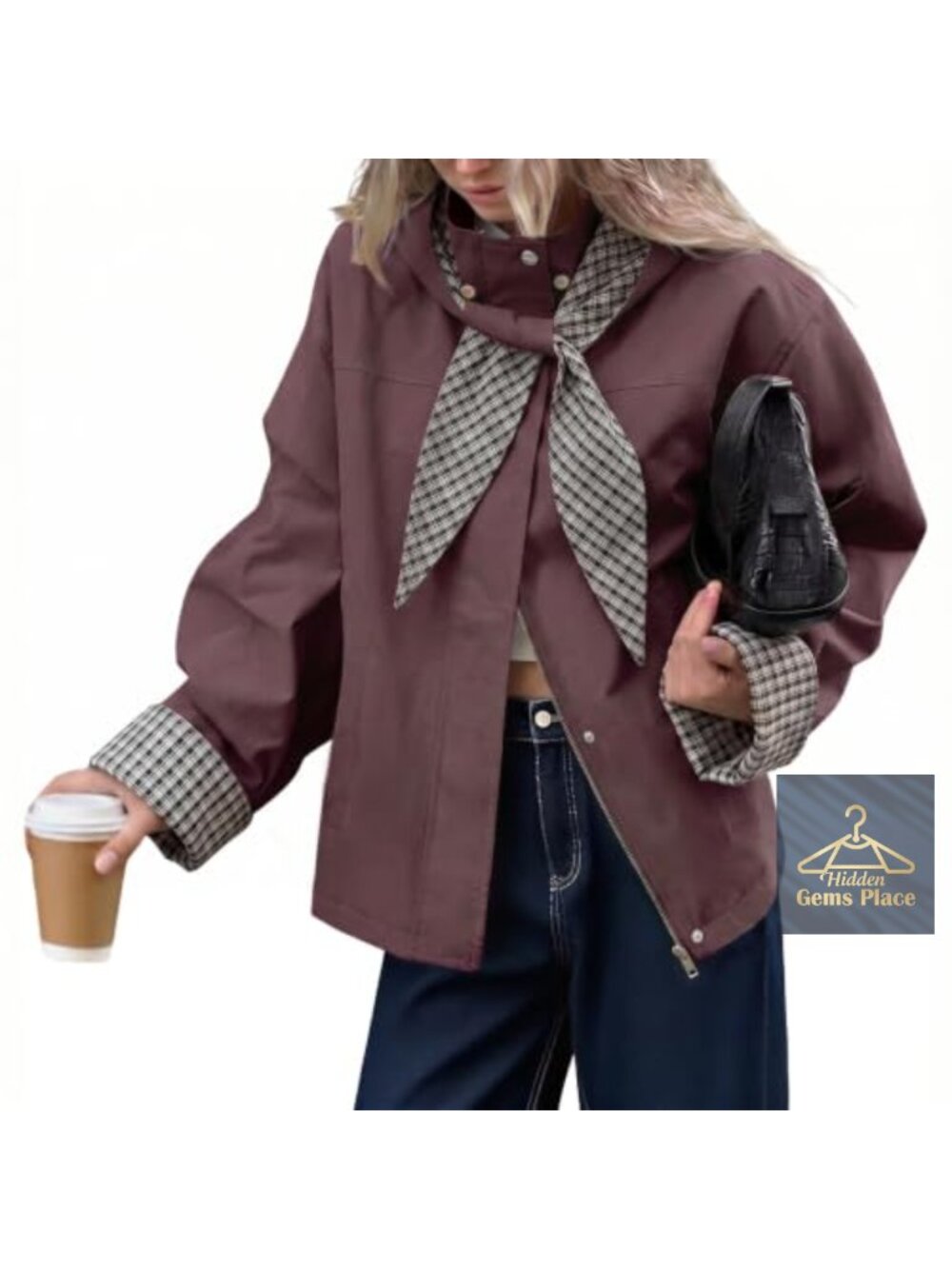 Tankaneo Womens Cropped Trench Coat Detachable Plaid Hood Lightweight